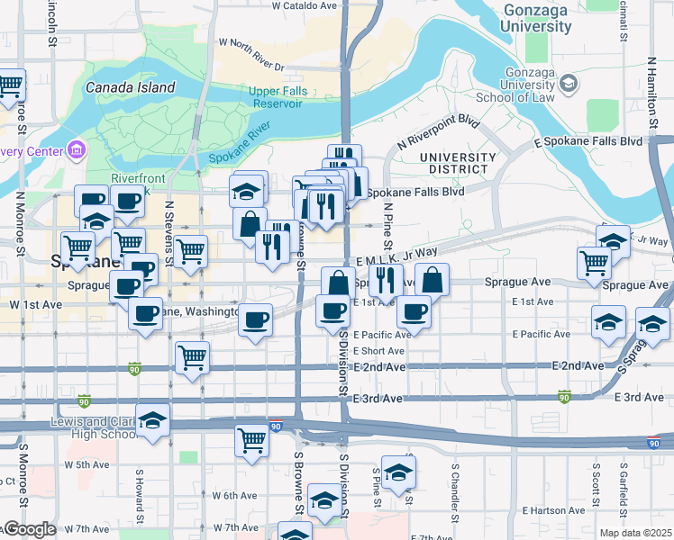 map of restaurants, bars, coffee shops, grocery stores, and more near 3 West Riverside Avenue in Spokane