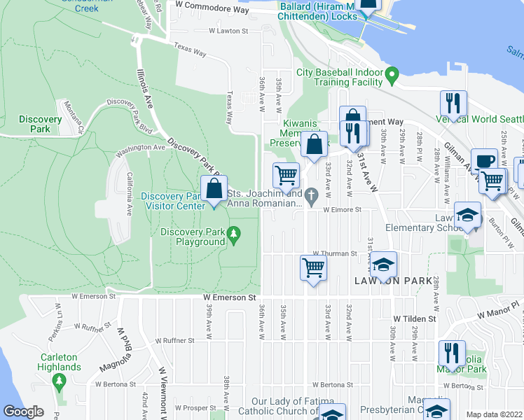 map of restaurants, bars, coffee shops, grocery stores, and more near 36th Ave W & W Elmore St in Seattle