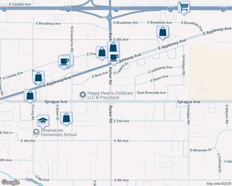 map of restaurants, bars, coffee shops, grocery stores, and more near 110 North Barker Road in Spokane Valley