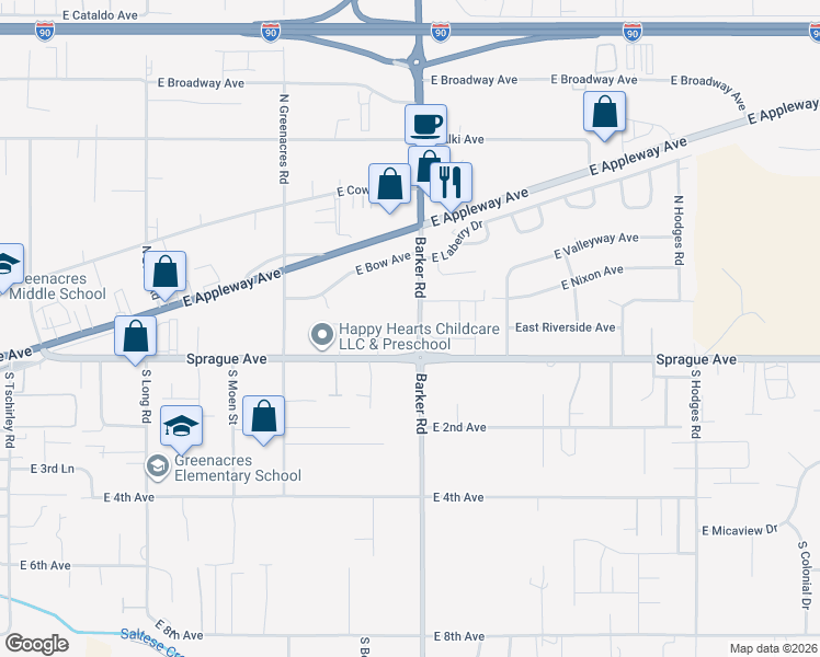 map of restaurants, bars, coffee shops, grocery stores, and more near 101 North Barker Road in Spokane Valley