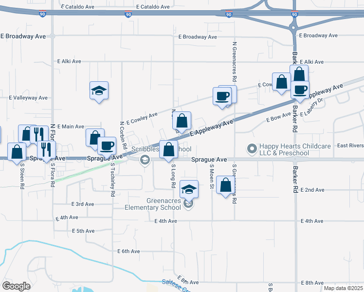 map of restaurants, bars, coffee shops, grocery stores, and more near 17915 East Sprague Avenue in Spokane Valley
