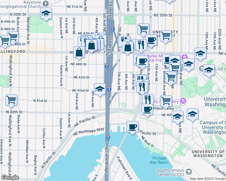 map of restaurants, bars, coffee shops, grocery stores, and more near 4216 Pasadena Place Northeast in Seattle