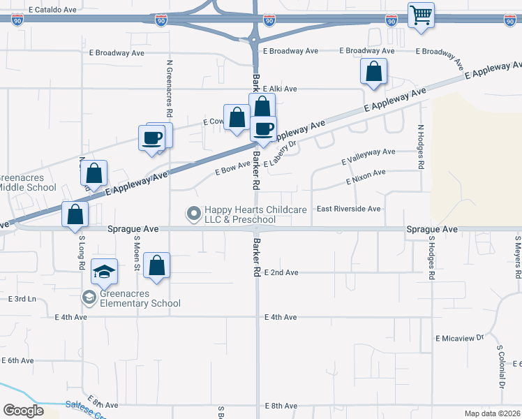 map of restaurants, bars, coffee shops, grocery stores, and more near 110 North Barker Road in Spokane Valley