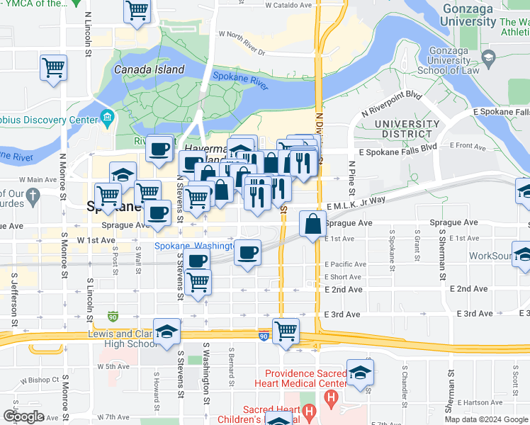 map of restaurants, bars, coffee shops, grocery stores, and more near 224 West Riverside Avenue in Spokane