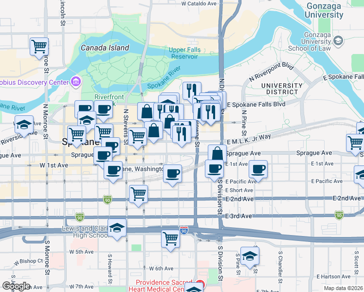 map of restaurants, bars, coffee shops, grocery stores, and more near 225 West Riverside Avenue in Spokane