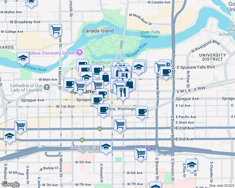 map of restaurants, bars, coffee shops, grocery stores, and more near in Spokane