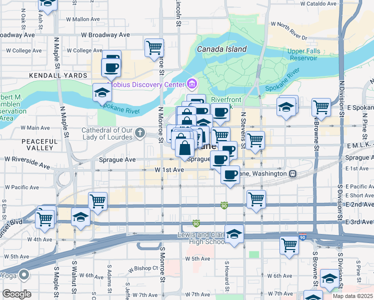 map of restaurants, bars, coffee shops, grocery stores, and more near 818 West Riverside Avenue in Spokane
