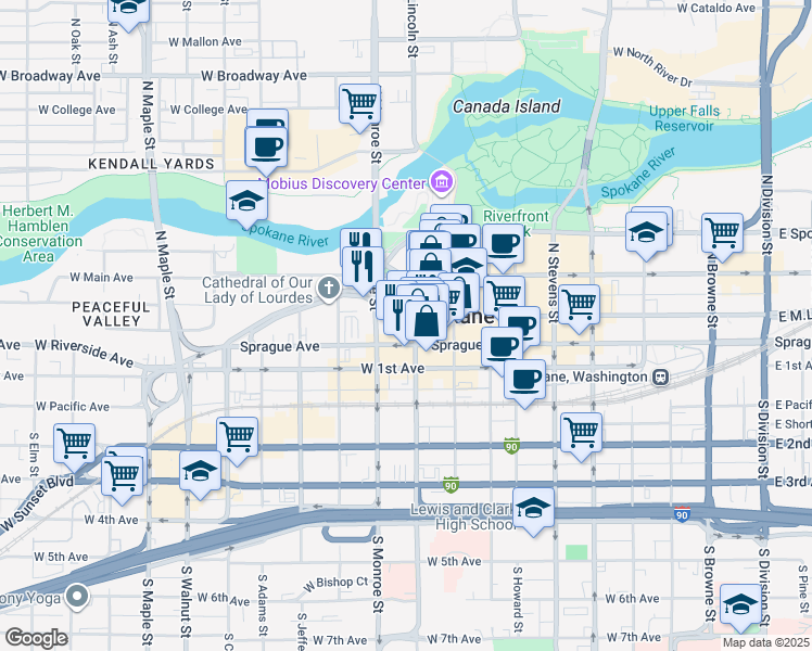 map of restaurants, bars, coffee shops, grocery stores, and more near 907 West Riverside Avenue in Spokane
