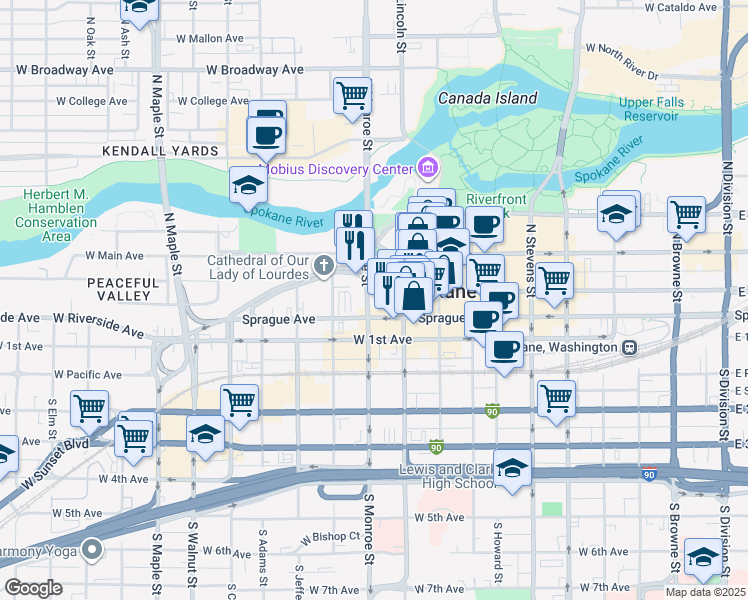map of restaurants, bars, coffee shops, grocery stores, and more near 907 West Riverside Avenue in Spokane
