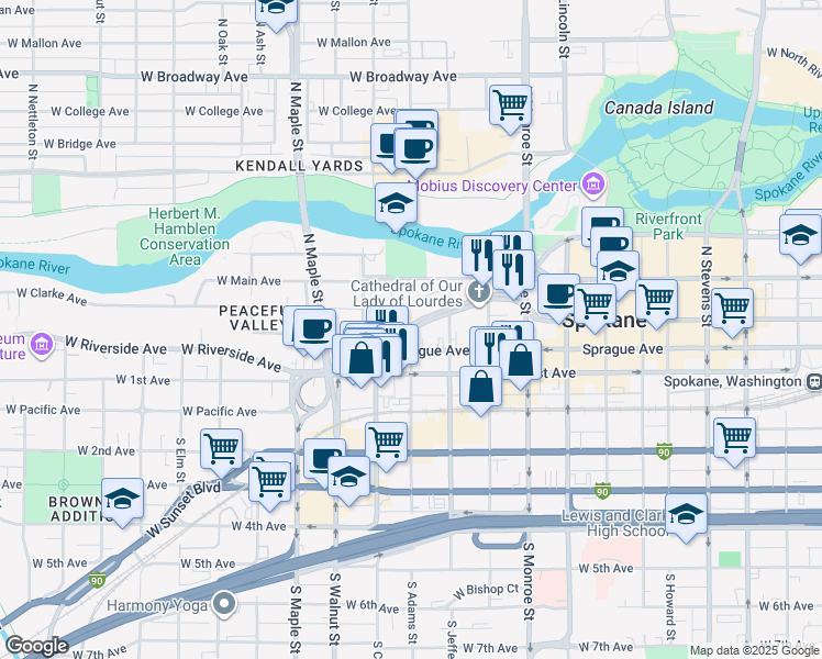 map of restaurants, bars, coffee shops, grocery stores, and more near 1221 West Riverside Avenue in Spokane