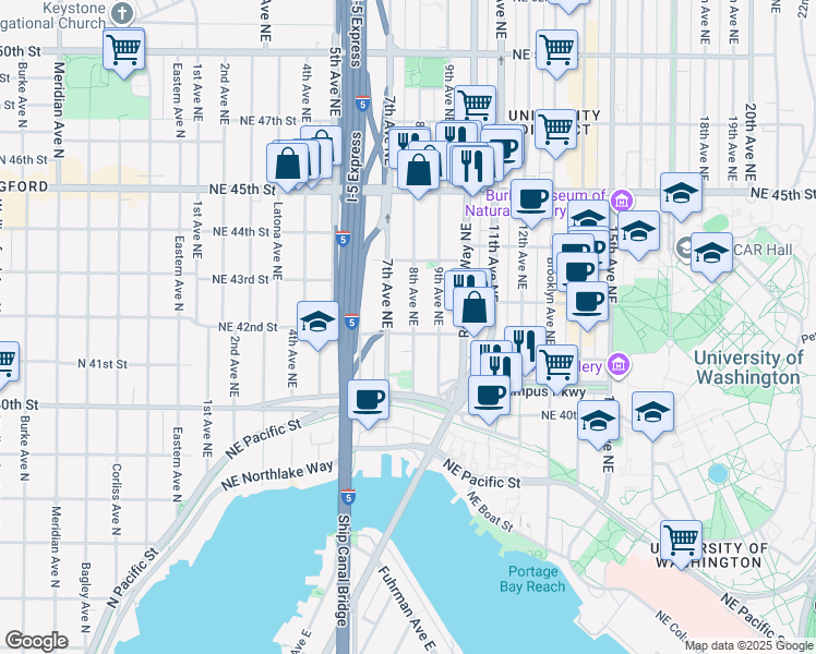 map of restaurants, bars, coffee shops, grocery stores, and more near in Seattle