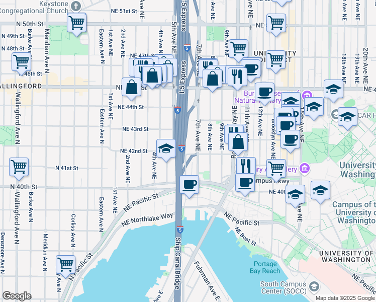 map of restaurants, bars, coffee shops, grocery stores, and more near 4216 Pasadena Place Northeast in Seattle