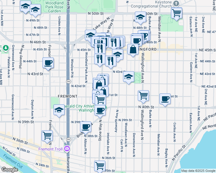 map of restaurants, bars, coffee shops, grocery stores, and more near 1315 North 42nd Street in Seattle