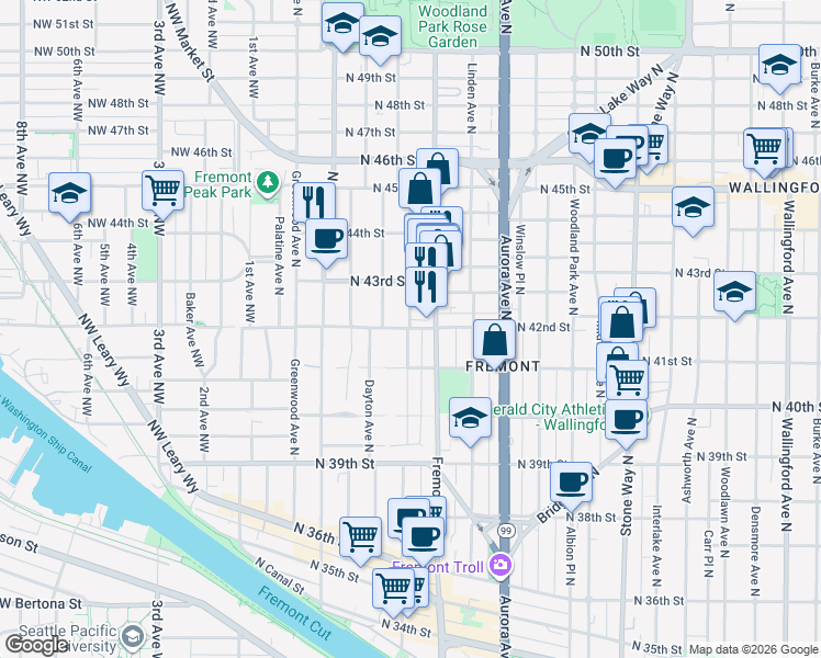 map of restaurants, bars, coffee shops, grocery stores, and more near in Seattle