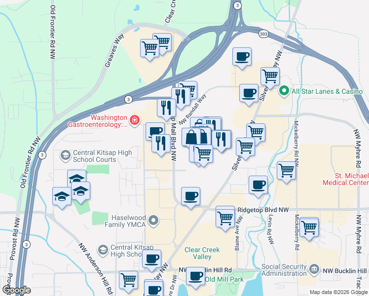 map of restaurants, bars, coffee shops, grocery stores, and more near 10414-10502 Kitsap Mall Blvd NW in Silverdale