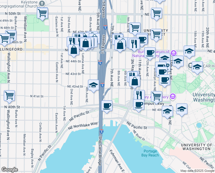 map of restaurants, bars, coffee shops, grocery stores, and more near 4216 Pasadena Place Northeast in Seattle