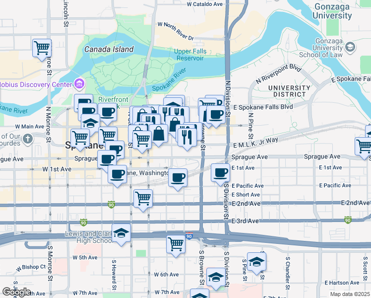 map of restaurants, bars, coffee shops, grocery stores, and more near 227 West Riverside Avenue in Spokane