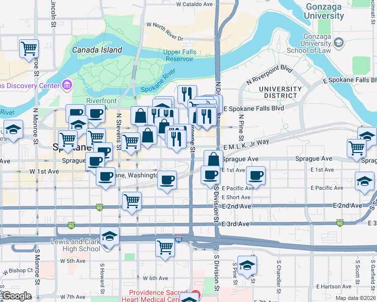map of restaurants, bars, coffee shops, grocery stores, and more near 224 West Riverside Avenue in Spokane