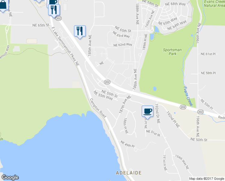 map of restaurants, bars, coffee shops, grocery stores, and more near 18654 Northeast 55th Street in Redmond