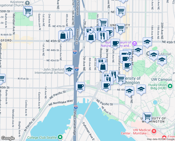 map of restaurants, bars, coffee shops, grocery stores, and more near 710 Northeast 42nd Street in Seattle