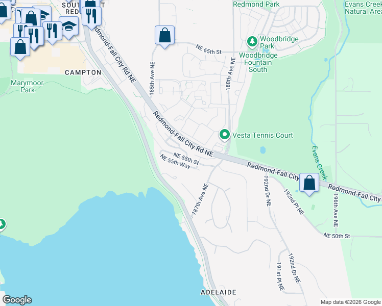 map of restaurants, bars, coffee shops, grocery stores, and more near 18654 Northeast 55th Street in Redmond