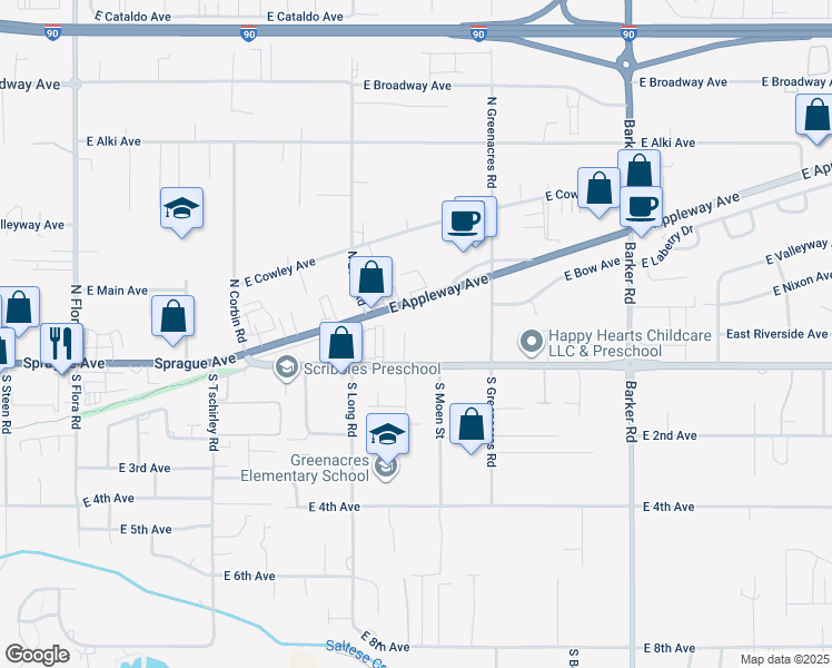 map of restaurants, bars, coffee shops, grocery stores, and more near 18 North Arties Court in Spokane Valley