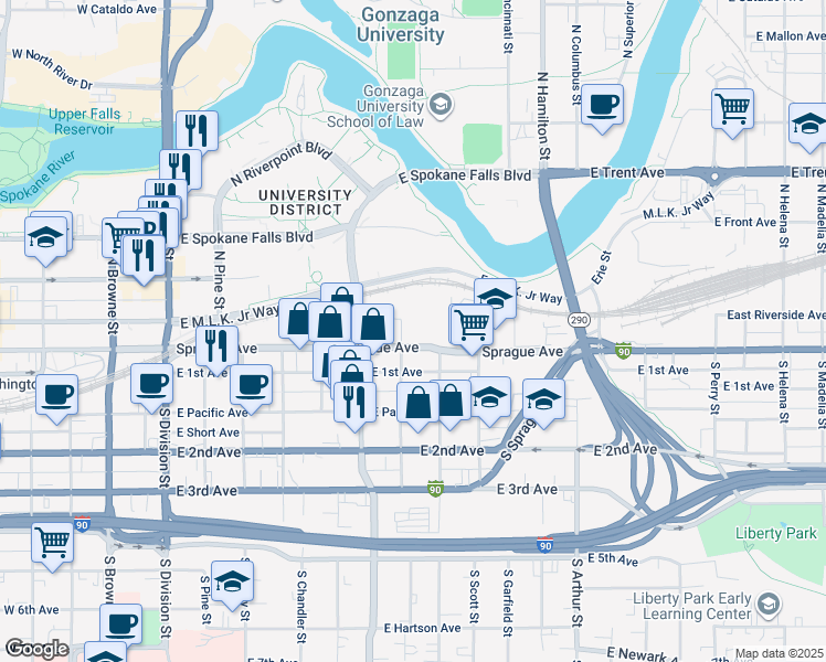 map of restaurants, bars, coffee shops, grocery stores, and more near 12 North Sheridan Street in Spokane