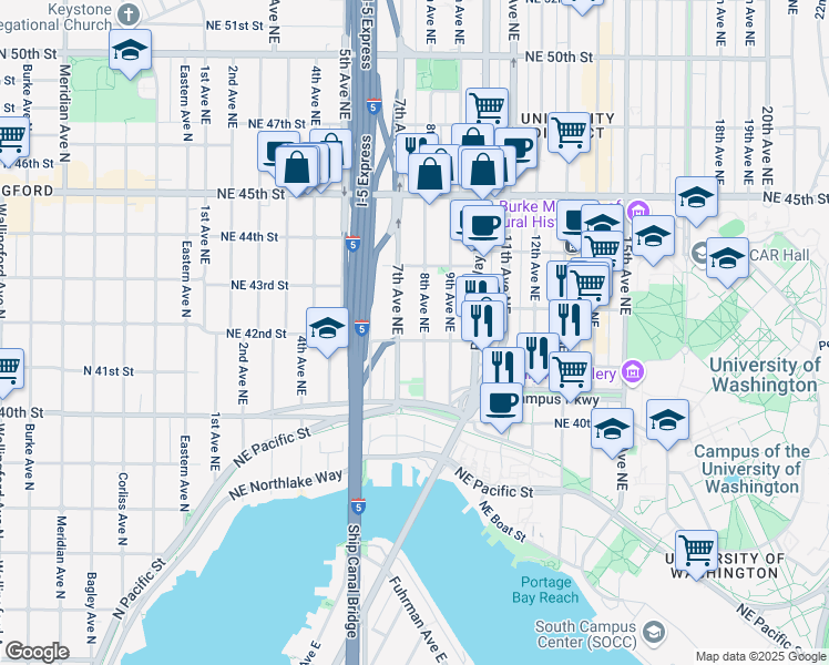 map of restaurants, bars, coffee shops, grocery stores, and more near 710 Northeast 42nd Street in Seattle