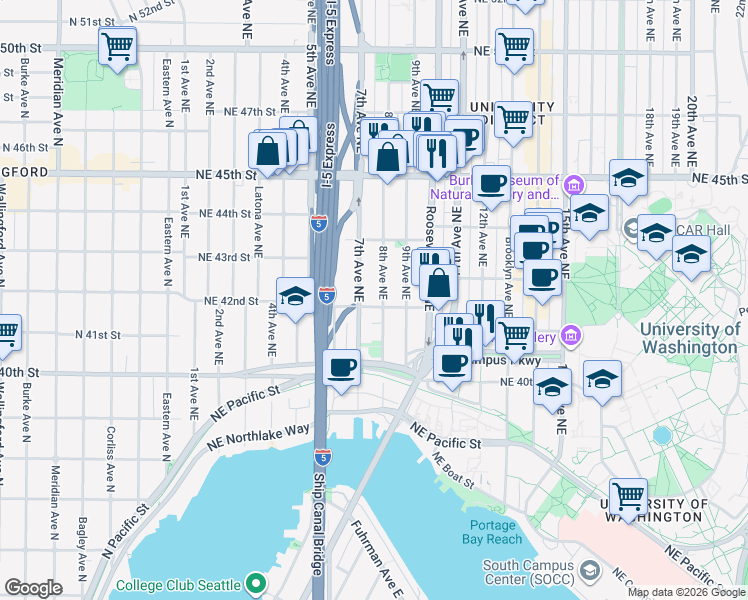 map of restaurants, bars, coffee shops, grocery stores, and more near 4210 7th Avenue Northeast in Seattle