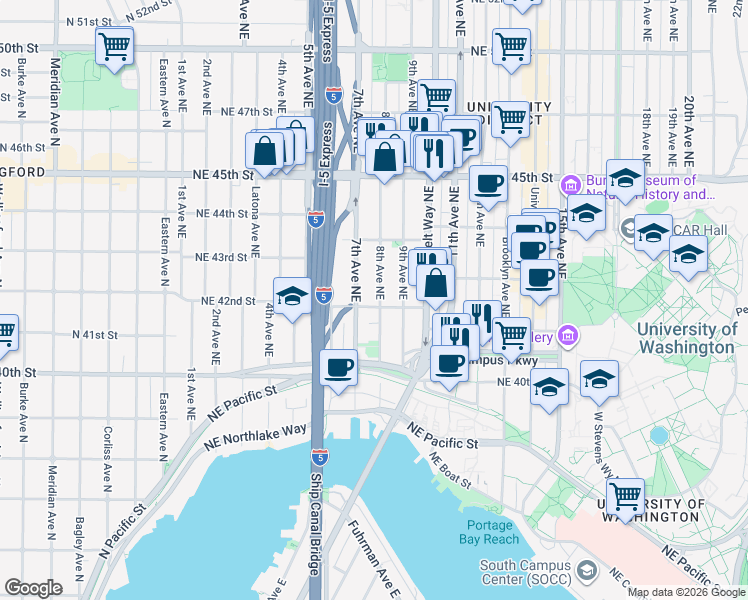 map of restaurants, bars, coffee shops, grocery stores, and more near 716 Northeast 42nd Street in Seattle