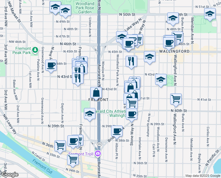 map of restaurants, bars, coffee shops, grocery stores, and more near N 42nd St & Whitman Ave N in Seattle