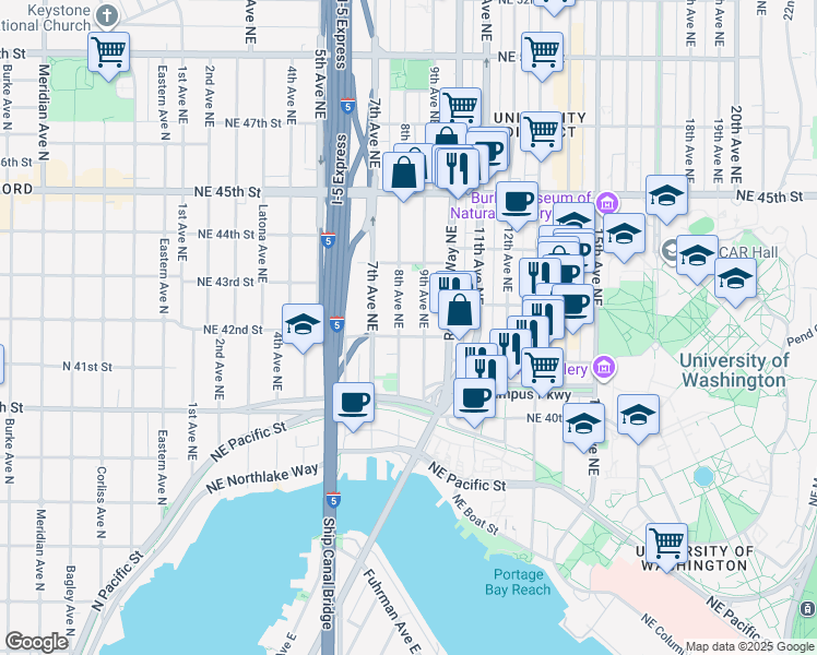 map of restaurants, bars, coffee shops, grocery stores, and more near 800 Northeast 42nd Street in Seattle