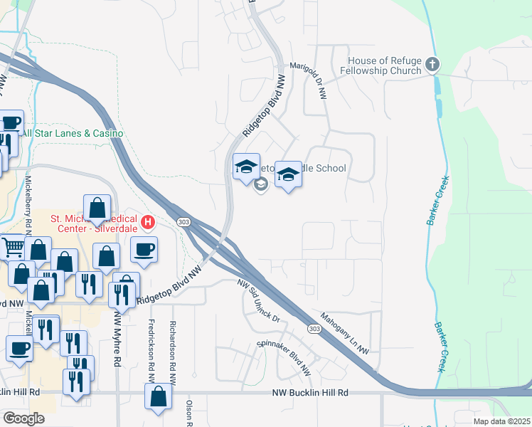 map of restaurants, bars, coffee shops, grocery stores, and more near 10622 Hillsboro Drive Northwest in Silverdale