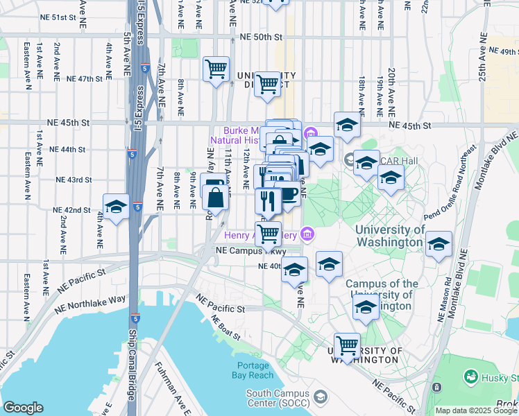 map of restaurants, bars, coffee shops, grocery stores, and more near 4131 Brooklyn Avenue Northeast in Seattle