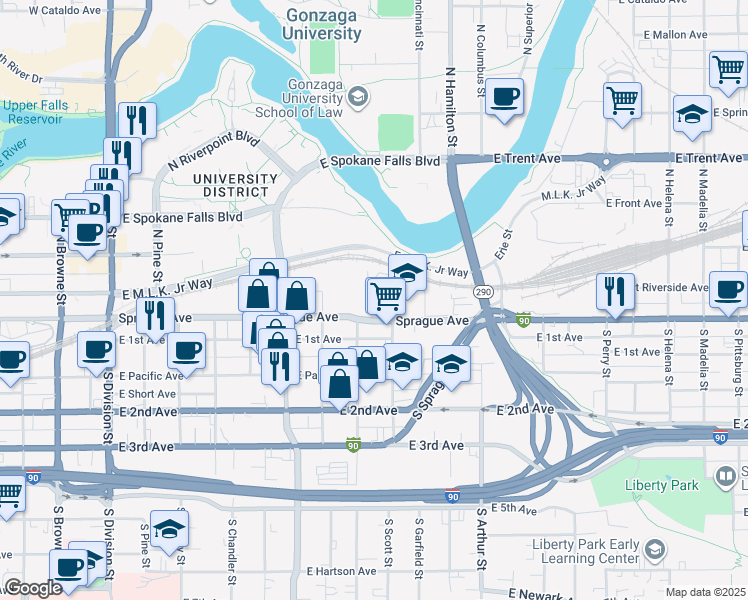 map of restaurants, bars, coffee shops, grocery stores, and more near 715 East Sprague Avenue in Spokane
