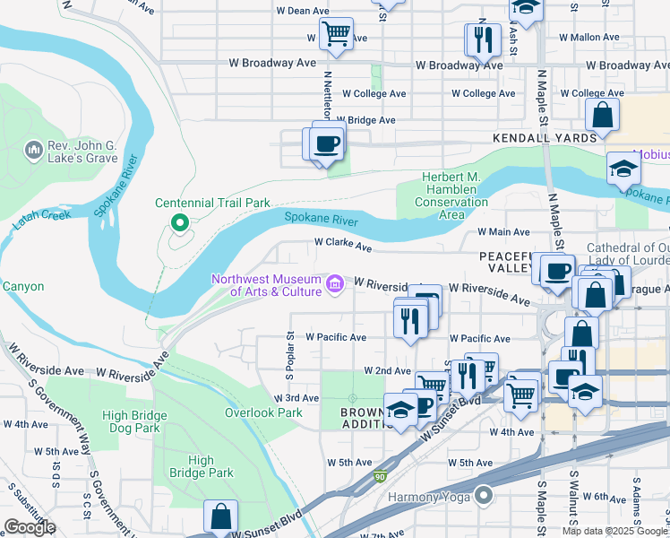 map of restaurants, bars, coffee shops, grocery stores, and more near 2222 West Riverside Avenue in Spokane
