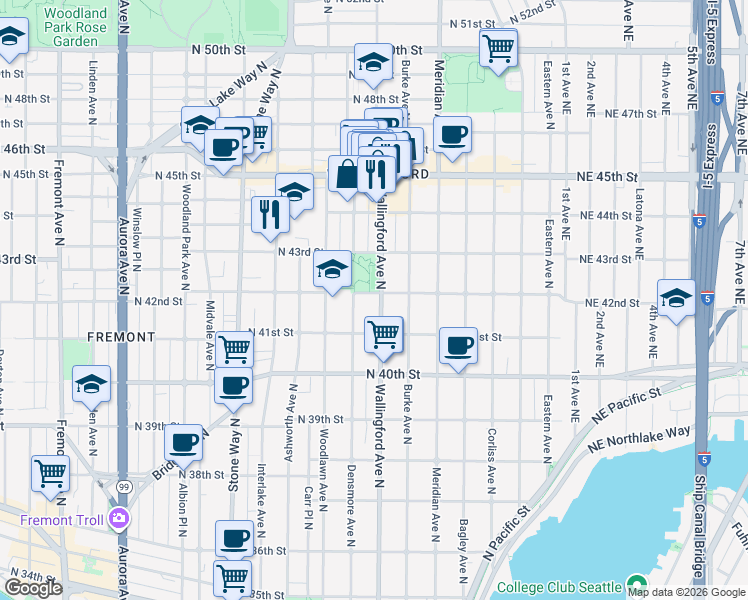 map of restaurants, bars, coffee shops, grocery stores, and more near 4132 Densmore Avenue North in Seattle