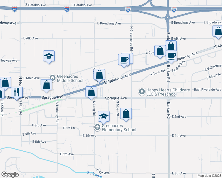 map of restaurants, bars, coffee shops, grocery stores, and more near 18 North Arties Court in Spokane Valley