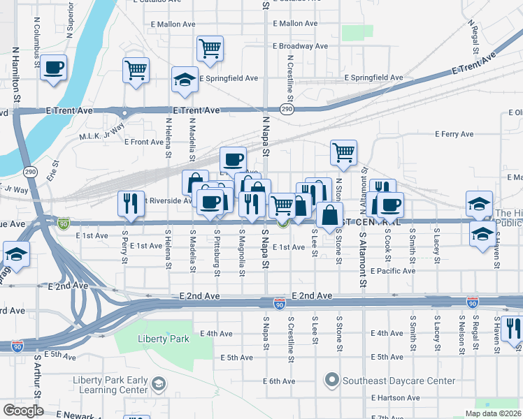 map of restaurants, bars, coffee shops, grocery stores, and more near 20 North Napa Street in Spokane