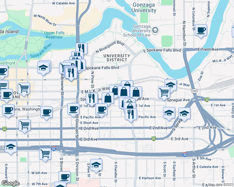 map of restaurants, bars, coffee shops, grocery stores, and more near 324 East Riverside Avenue in Spokane