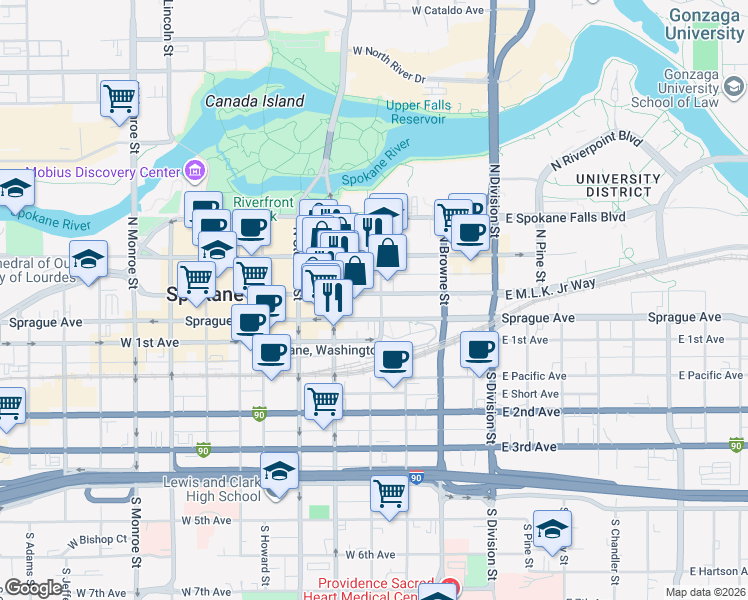 map of restaurants, bars, coffee shops, grocery stores, and more near 315 West Riverside Avenue in Spokane