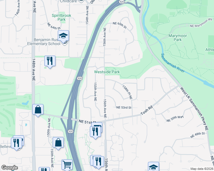 map of restaurants, bars, coffee shops, grocery stores, and more near 15615 Northeast 56th Way in Redmond