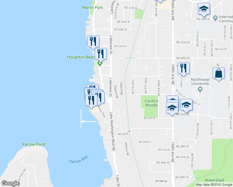 map of restaurants, bars, coffee shops, grocery stores, and more near 5604 Lakeview Drive in Kirkland