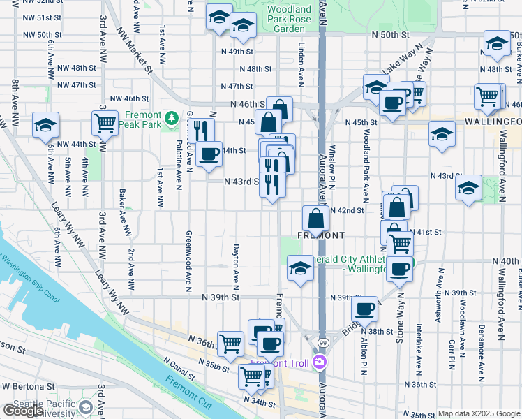 map of restaurants, bars, coffee shops, grocery stores, and more near in Seattle