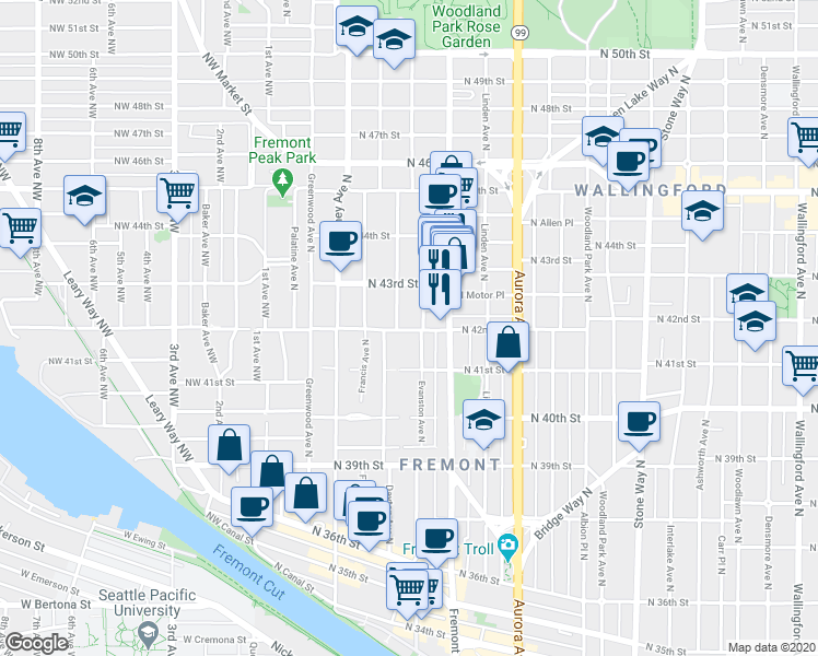 map of restaurants, bars, coffee shops, grocery stores, and more near in Seattle
