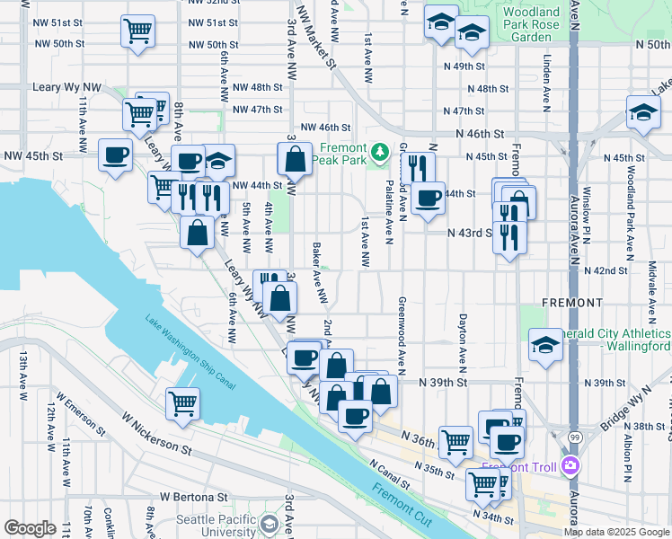map of restaurants, bars, coffee shops, grocery stores, and more near 4206 2nd Avenue Northwest in Seattle