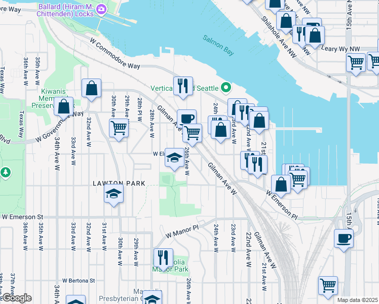 map of restaurants, bars, coffee shops, grocery stores, and more near 4217 Gilman Avenue West in Seattle