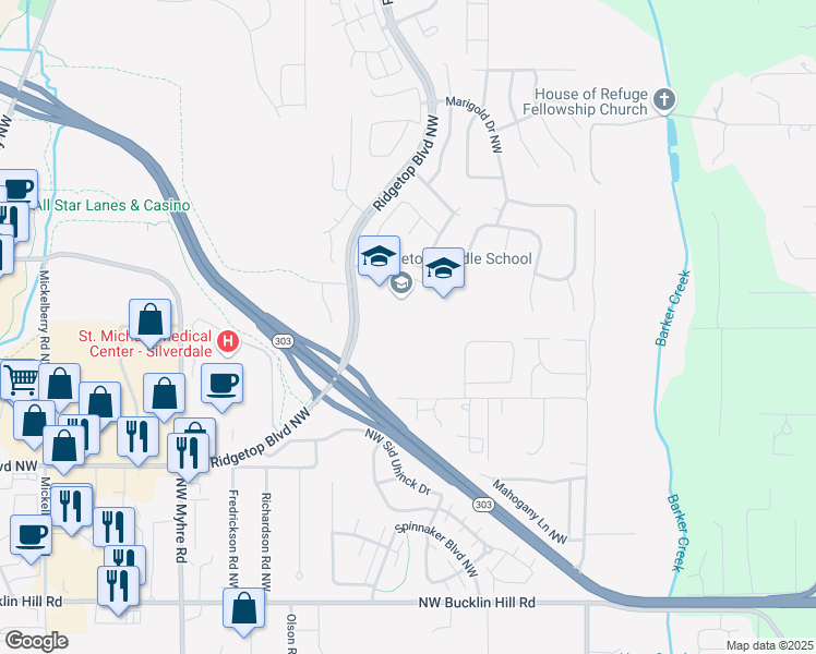 map of restaurants, bars, coffee shops, grocery stores, and more near 10622 Hillsboro Drive Northwest in Silverdale