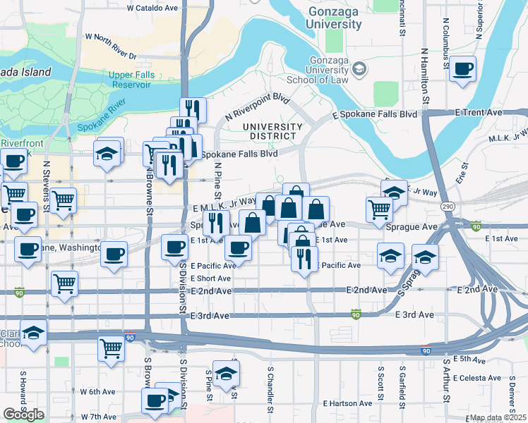 map of restaurants, bars, coffee shops, grocery stores, and more near 244 East Riverside Avenue in Spokane