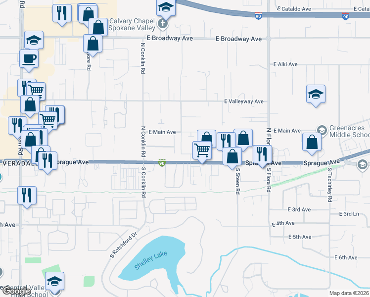 map of restaurants, bars, coffee shops, grocery stores, and more near 16511 East Sprague Avenue in Spokane Valley